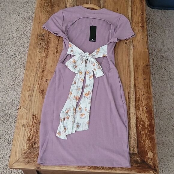 Nwt Lulu's Purple Ribbed Tie Back Bodycon Dress With Cutout Back - Picture 17 of 17